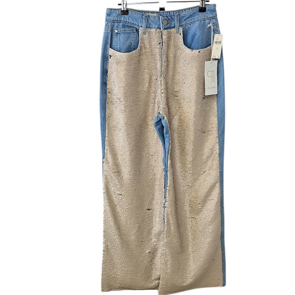 Anthropologie Pilcro Sequin Front High Rise Flare Leg Skater Jeans