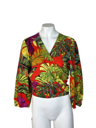 Maison D'Amelie Linen Blend Tropical Print 3/4 Sleeve Wrap Shirt