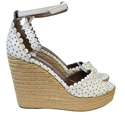 Tabitha Simmons Harp White Flower Perforated Leather Wedge Jute Sandals