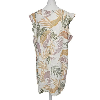 Tahari Womens 100% Linen  Leaf Print Flutter Sleeve Dress