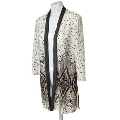 Chicos Travelers Collection Peacock Feather Foiled 3/4 Sleeve Cardigan