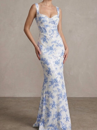 Lovesome Sequin Floral Corset Sweetheart Maxi Dress