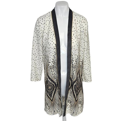 Chicos Travelers Collection Peacock Feather Foiled 3/4 Sleeve Cardigan