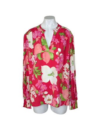 Lands End Floral Print Tropical V-Neck Blouse