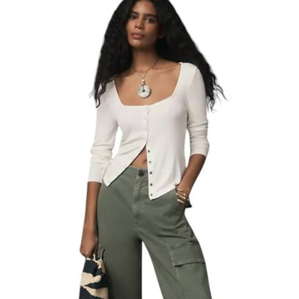 Anthropologie Maeve Square-Neck Button-Front Cardigan Top