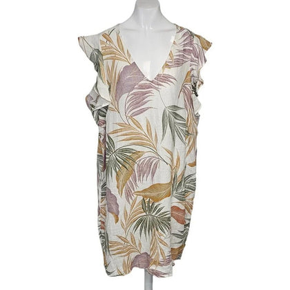 Tahari Womens 100% Linen  Leaf Print Flutter Sleeve Dress