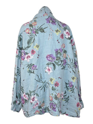 Bellambia 100% Linen Floral Open Front Roll Sleeve Cardigan
