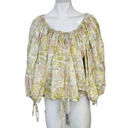 Charlie Holiday Linen  Blend Floral Puff Sleeve Tie Blouse