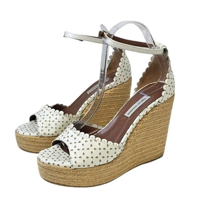 Tabitha Simmons Harp White Flower Perforated Leather Wedge Jute Sandals