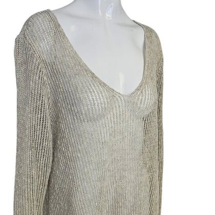 Eileen Fisher Open Knit Aysymmetrical V-Neck Long Sleeve Shirt
