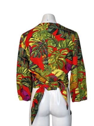 Maison D'Amelie Linen Blend Tropical Print 3/4 Sleeve Wrap Shirt