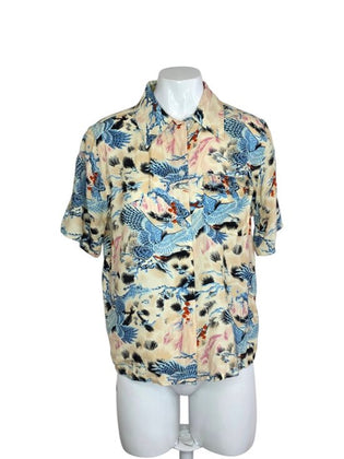RE/DONE Bird Print Button Up Short Sleeve Shirt