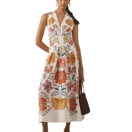 Farm Rio Floral V-Neck Sleeveless Linen Maxi Dress