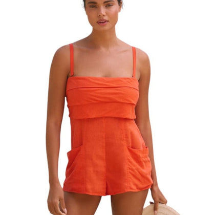 Anthropologie Linen Blend Pocket Romper Size Medium Orange Removable Strap