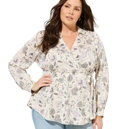 Torrid Womens Striped Satin Collared Surplice Blouse