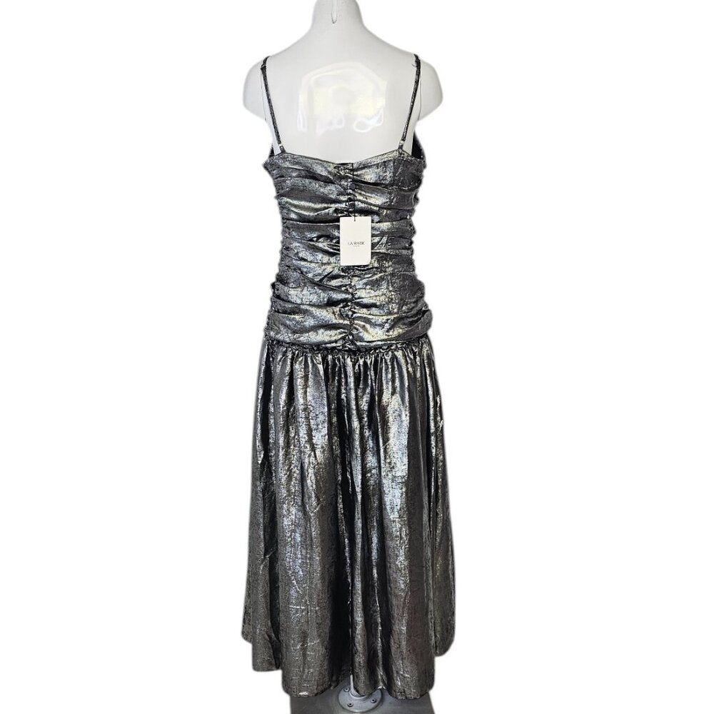 Anthropologie La Maise Studio Ruched Drop-Waist Foil Midi Dress Luxy Thrift Anthropologie La Maise Studio Ruched Drop-Waist Foil Midi Dress Luxy Thrift