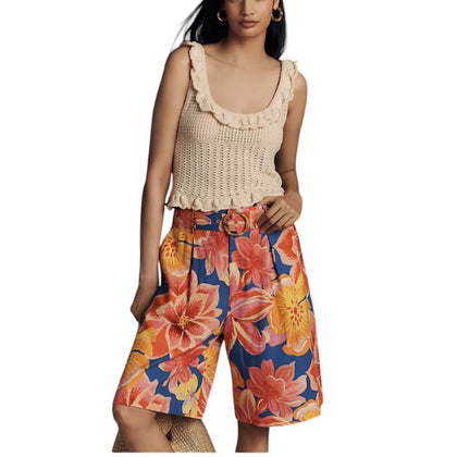 Farm Rio x Anthropologie Linen Blend Belted Bermuda Shorts