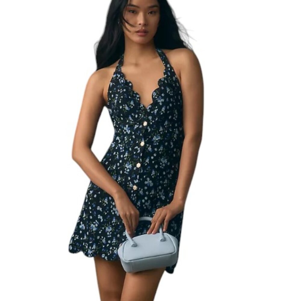 Anthropologie Maeve Halter V-Neck Scallop Floral Mini Dress Luxy Thrift Anthropologie Maeve Halter V-Neck Scallop Floral Mini Dress Luxy Thrift