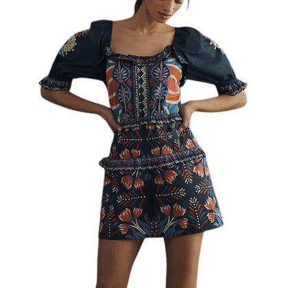 Farm Rio x Anthropologie Puff-Sleeve Ruffled Floral Romper