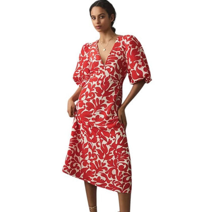 Anthropologie RHODE Ina Puff Sleeve V-Neck Printed Midi Dress