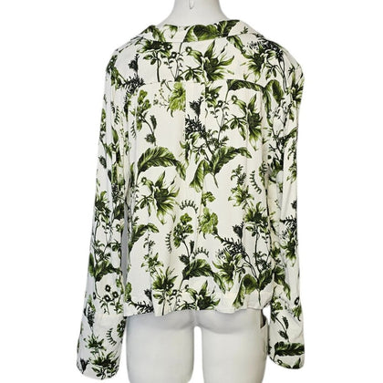 Anthropologie Silky Button Front Green Floral Long Wide Sleeve Blouse