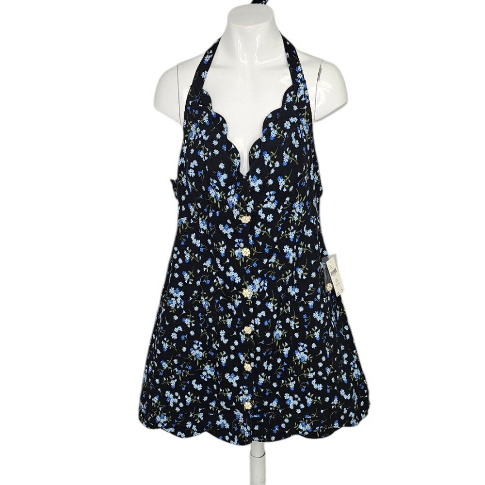 Anthropologie Maeve Halter V-Neck Scallop, Button Front, Mini Dress Luxy Thrift Anthropologie Maeve Halter V-Neck Scallop, Button Front, Mini Dress Luxy Thrift