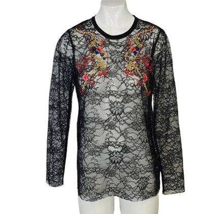 Sandro Paris Lace Sheer Embroidered Long Sleeve Blous