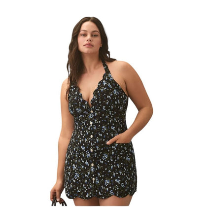 Anthropologie Maeve Halter V-Neck Scallop, Button Front, Mini Dress