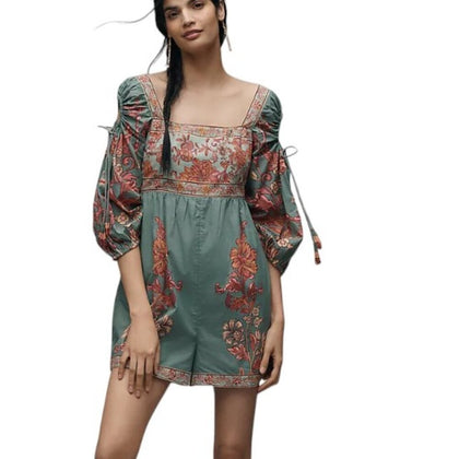 Farm Rio x Anthropologie Puff-Sleeve Square-Neck Romper