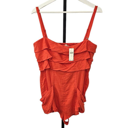 Anthropologie Linen Blend Pocket Romper Size Medium Orange Removable Strap