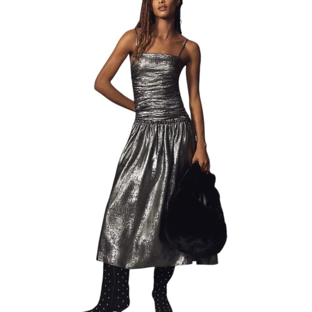Anthropologie La Maise Studio Ruched Drop-Waist Foil Midi Dress Luxy Thrift Anthropologie La Maise Studio Ruched Drop-Waist Foil Midi Dress Luxy Thrift