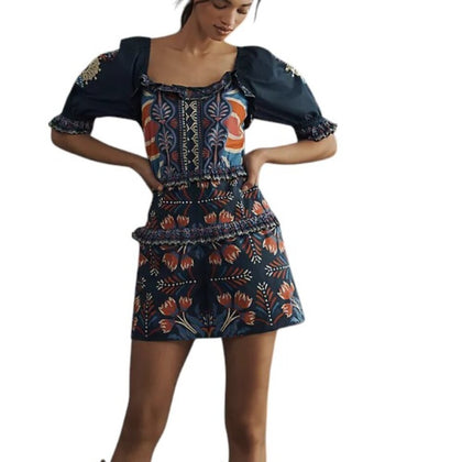 Farm Rio x Anthropologie Puff-Sleeve Ruffled Floral Romper