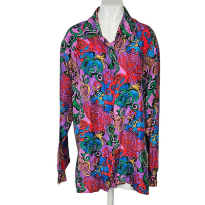 HER Womens 100% Silk, Heart Printed Button Down Shirt