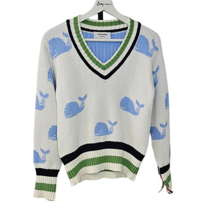 Thom Browne Womens V-Neck Whale Knit Cotton Sweater