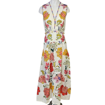 Farm Rio Floral V-Neck Sleeveless Linen Maxi Dress