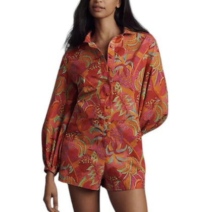 Farm Rio x Anthropologie Long-Sleeve Printed Collared Romper