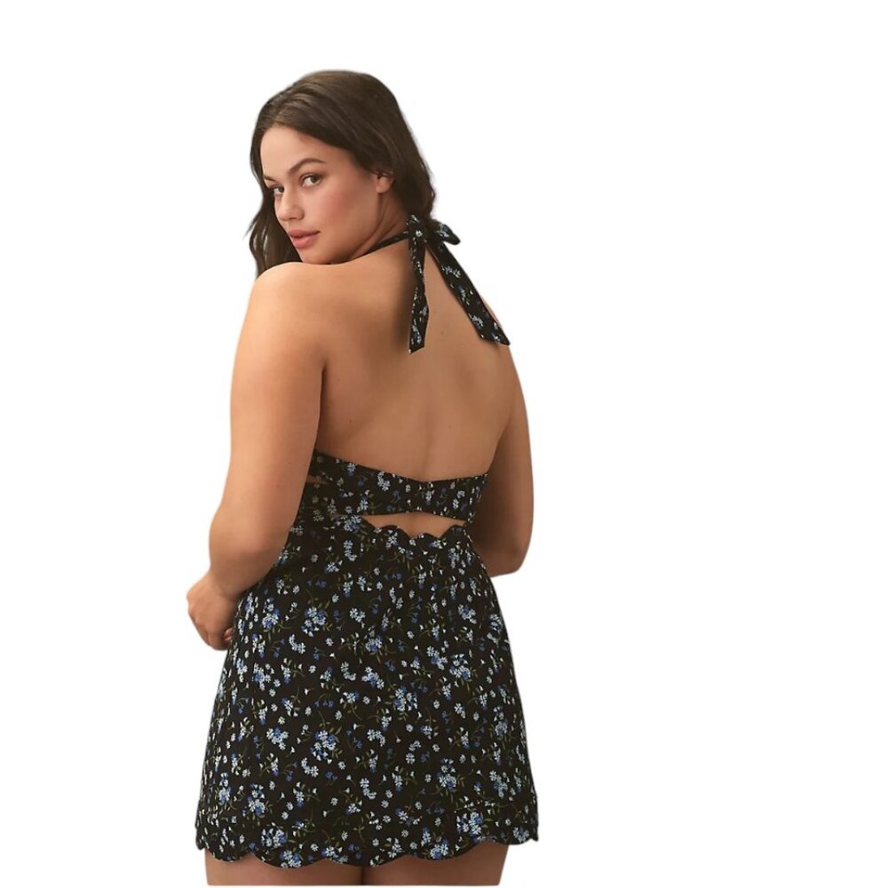 Anthropologie Maeve Halter V-Neck Scallop, Button Front, Mini Dress Luxy Thrift Anthropologie Maeve Halter V-Neck Scallop, Button Front, Mini Dress Luxy Thrift