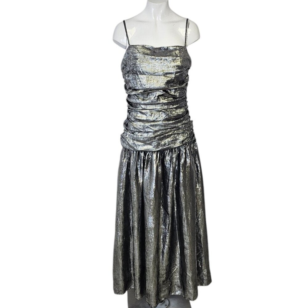 anthropologie drop waist dress Anthropologie La Maise Studio Ruched Drop-Waist Foil Midi Dress – Luxy Thrift