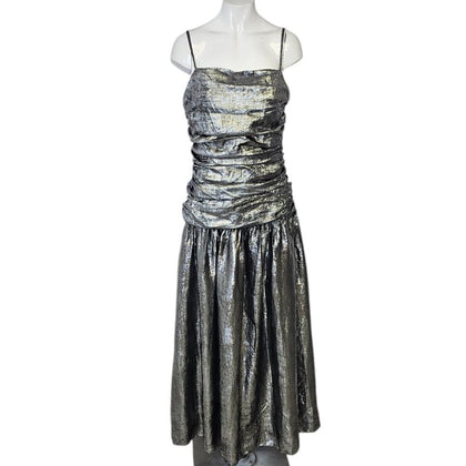 Anthropologie La Maise Studio Ruched Drop-Waist Foil Midi Dress